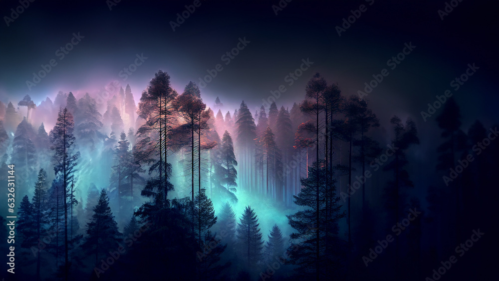 Pine forest in the fog, cinematic dark light, beautiful blue and purple colors - Natural fantasy scene, trees and hills in the mist, near darkness. Image made by Generative AI