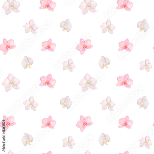 Tropical watercolor seamless pattern with white and pink orchid flowers. Exotic floral summer background. 
