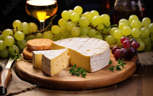 Cheese platter with organic cheeses, fruits, nuts and wine on a wooden background. Delicious cheese appetizer for wine. Wine tasting with cheese.