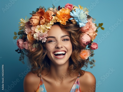 Portrait of a young cheerful woman with a hairstyle decorated with a flower wreath on her head on a blue background. Generative AI