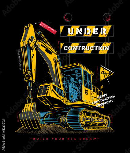 Big yellow excavator vector illustration. Construction vehicle