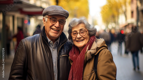 Cheerful and happy elderly couple on a walk.