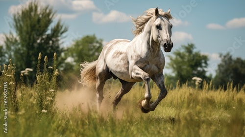 white horse galloping across field generative AI