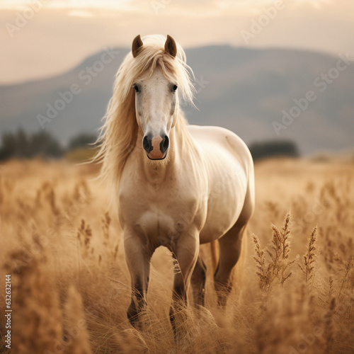 A blonde horse is standing in a field, photography. Cinematic style