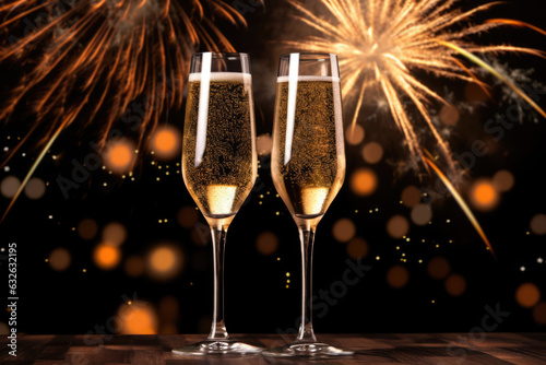 Glasses of Champagne on dark background with bokeh light and fireworks, Generative AI