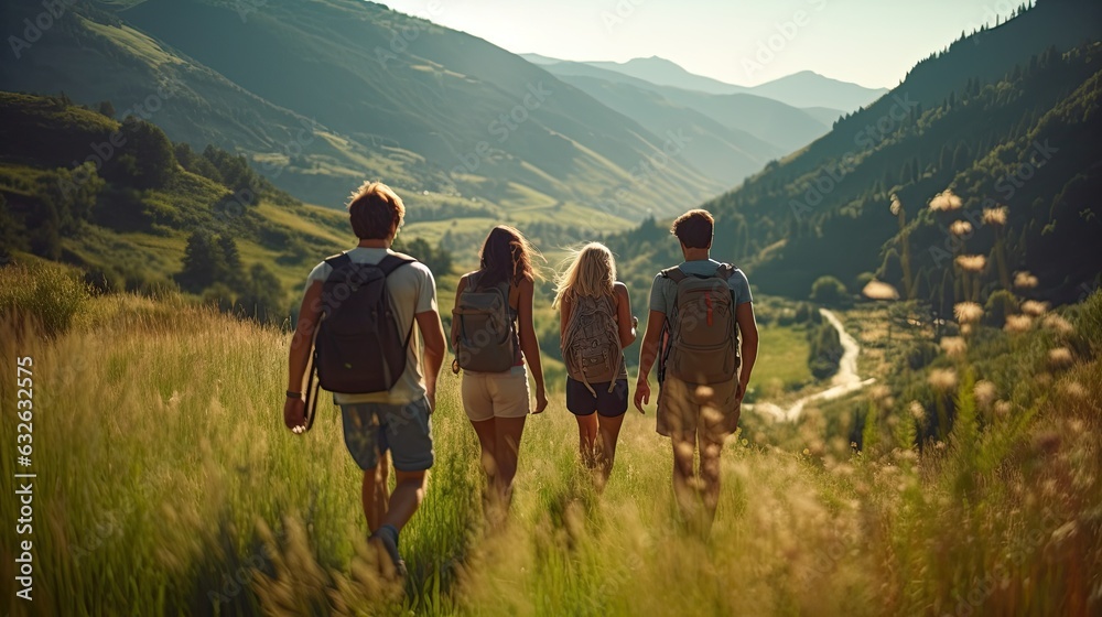 An unstaged photograph captures the essence of a vacation week, with family and friends hiking in the mountains. The effort of their journey is apparent as they make their way through the picturesque 