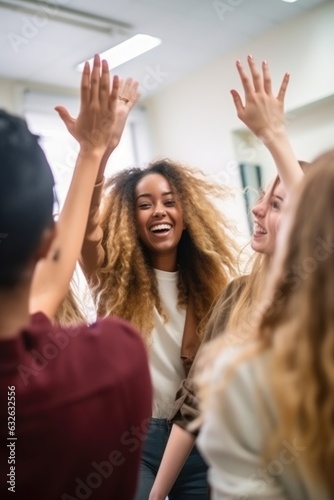 young woman, student and friends high fiving at school celebrating exam or results together photo