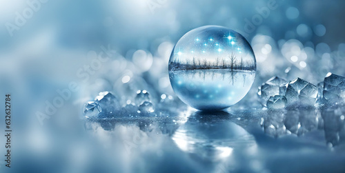 crystal ball with winter landcspae and stars surrouned with crystals ice and reflecting surface like wintery Christmas background with copy space  photo