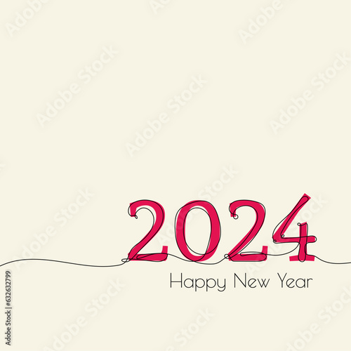 Vector number 2024 hand drawn with one continuous single line. 2024 Happy New Year greeting card in sketch style.