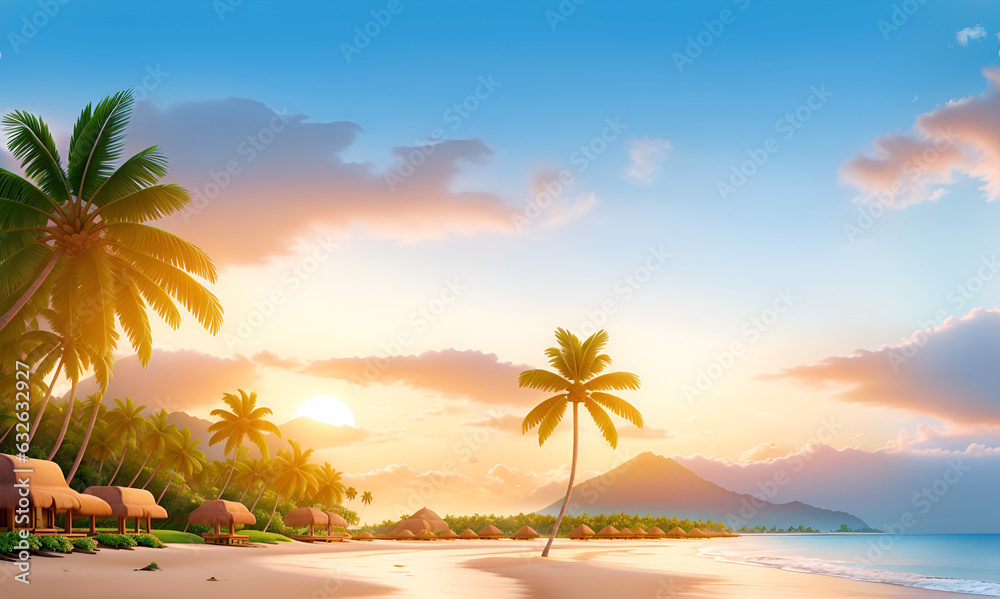 Sea sunset Landscape Above Morning Scene Ocean with Clouds, Water Surface, Palm Tree, coconut tree and Beach in Flat Background Illustration for Banner, the beach view,  island with sea