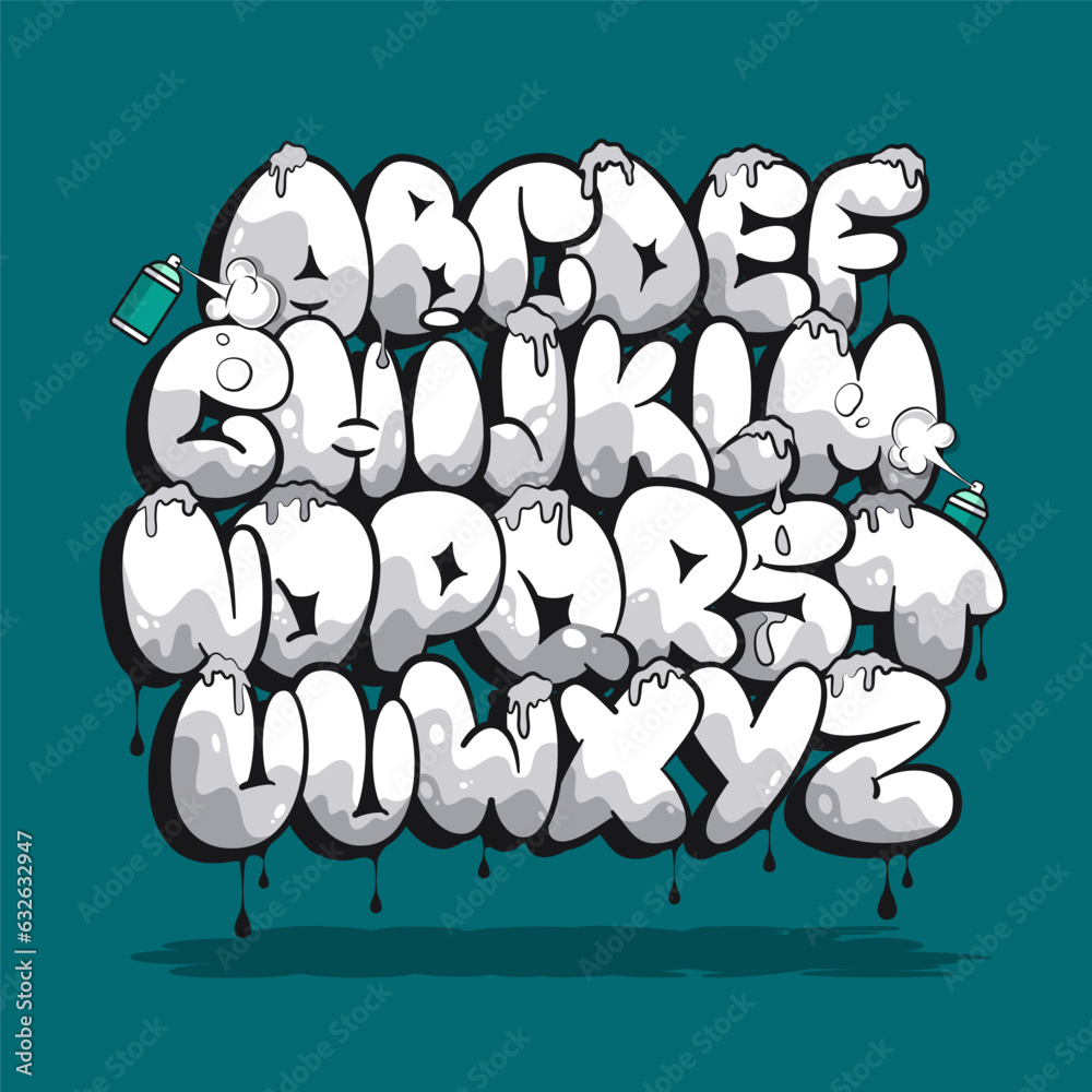 Graffiti Bubble Alphabet. Bubble font. Graffiti uppercase letters with drips, drops and spray effect.