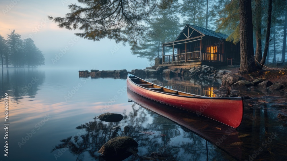 lake cabin canoe misty morning generative AI