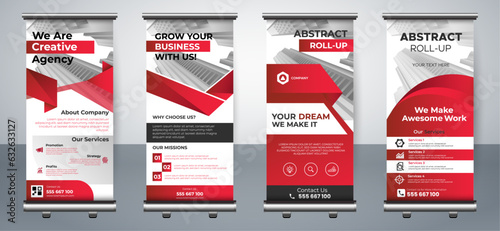 Roll Up banners Set with Red background. Stand Banner Template, Abstract banner Background, vector