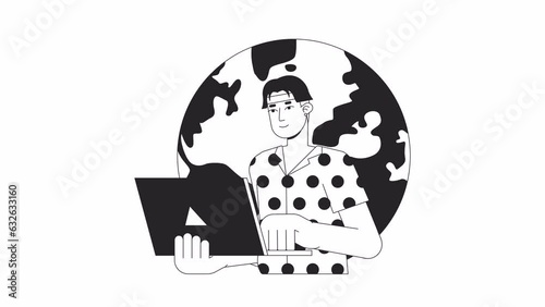 Connected anywhere bw outline 2D animation. Telework male 4K video motion graphic. Asian man typing laptop in front of globe world monochrome linear animated cartoon flat concept, white background photo