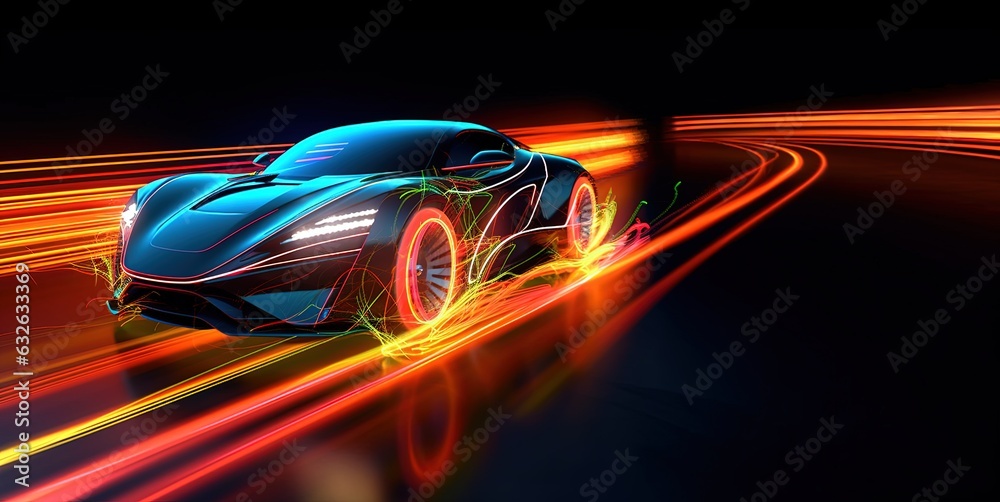 Futuristic Sport Car Illustration. Neon Lighting Unreal Vehicle Dynamic Motion. Ai Generative