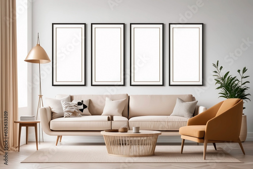 A beige sofa is positioned against a white wall with four poster frames mock up in a mid-century interior design of a contemporary living room. Generative AI 