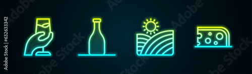 Set line Wine tasting, degustation, Bottle of wine, Vineyard grapes and Cheese. Glowing neon icon. Vector