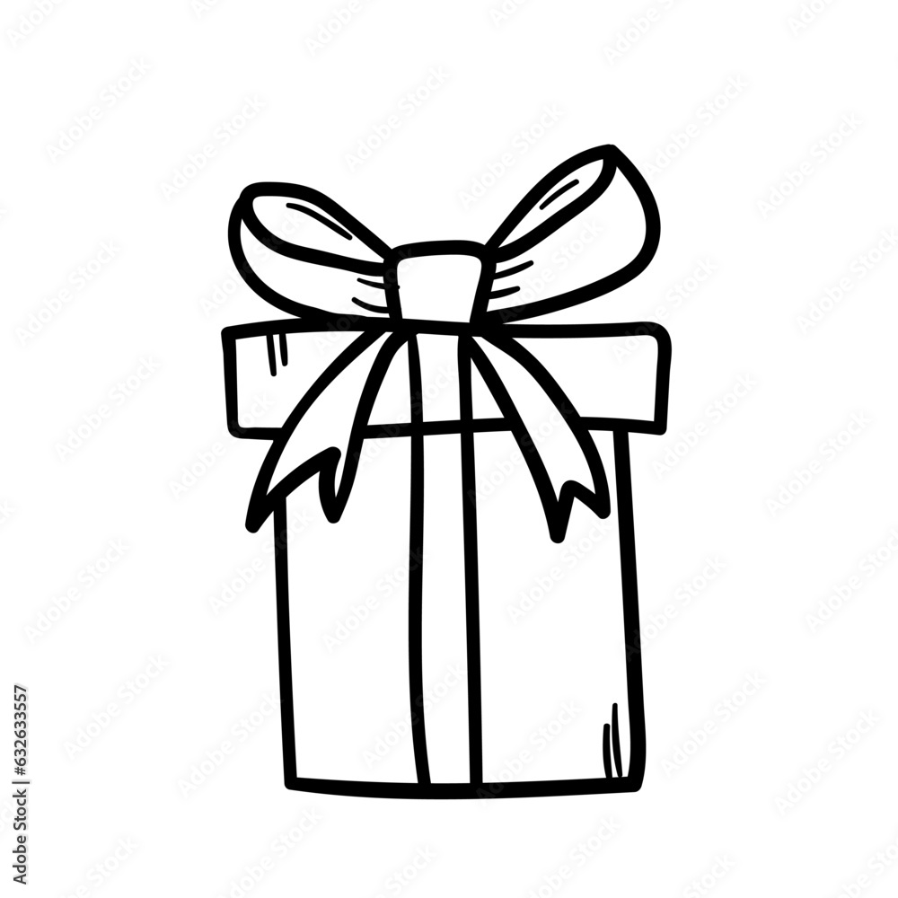 Vector hand drawn gift box with bow icon. Present wrapped with ribbon in doodle style.