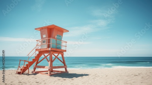 lifeguard stand towering over empty beach generative AI © Brandon