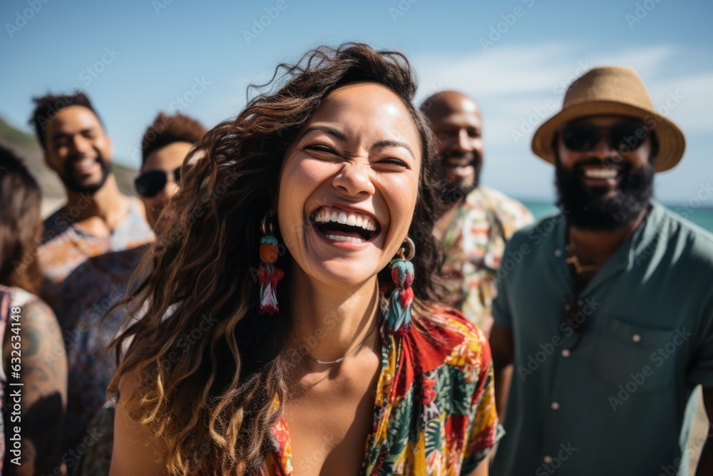 Fototapeta premium Happy diverse friends taking selfie on smartphone on the beach, generative ai.