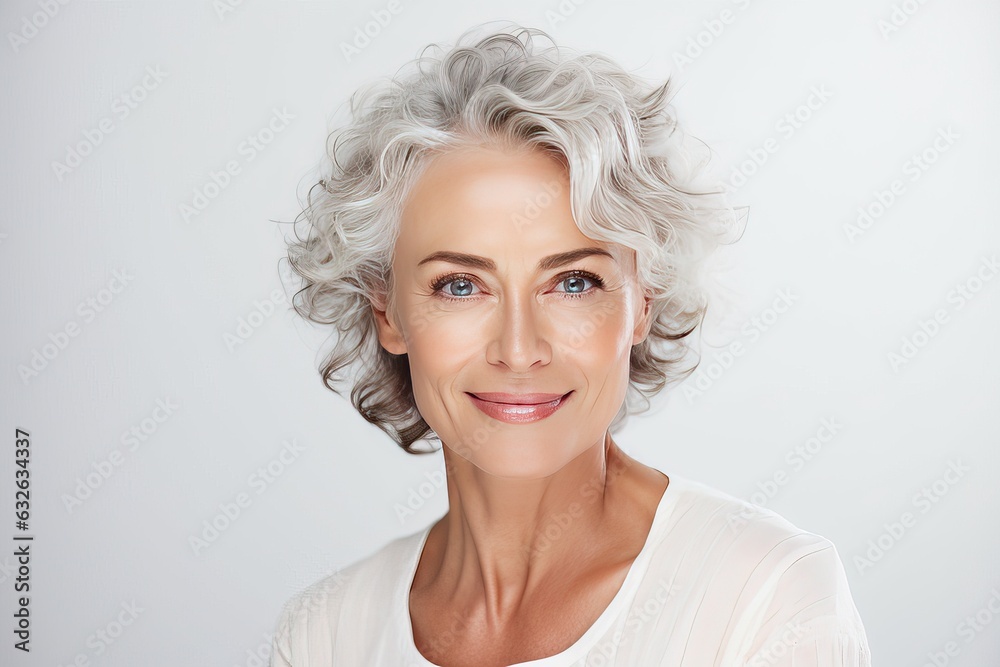 Smiling beautiful woman in her 50s. Skin care concept. Luxurious middle-aged woman with a short gray hairdo looks at the camera.