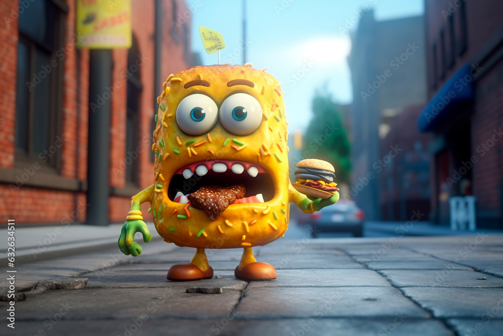 Naklejka premium Adorable yellow monster eating unappetizing food. Generative AI. Burger day. Traveler's tummy or Traveler's diarrhea. character for billboard, article, blog