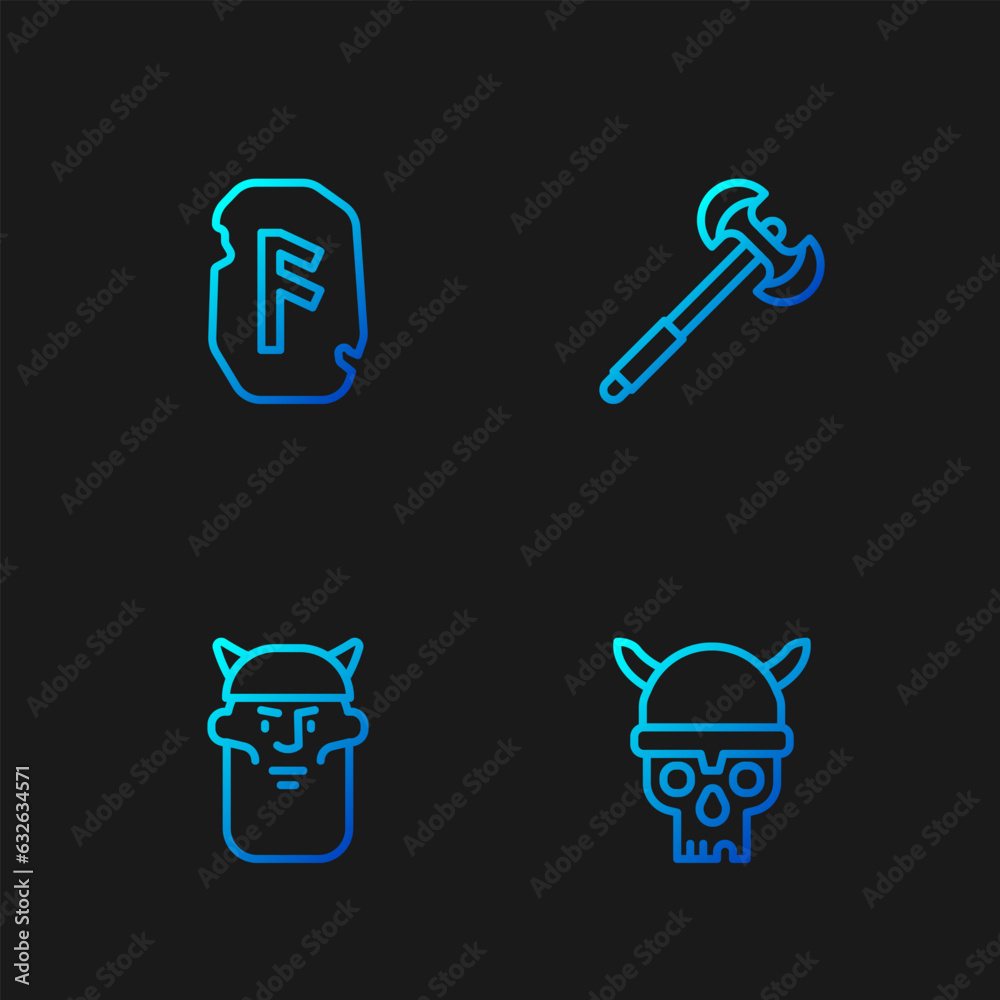 Set line Skull with viking helmet, Viking head, Magic rune and Medieval poleaxe. Gradient color icons. Vector Set line Skull with viking helmet, Viking head, Magic rune and Medieval poleaxe. Gradient color icons. Vector