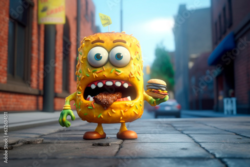 Adorable yellow monster eating unappetizing food. Generative AI. Burger day. Traveler's tummy or Traveler's diarrhea. character for billboard, article, blog