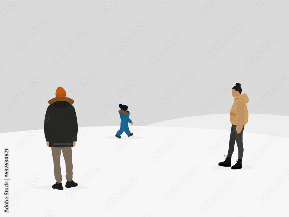 Male character, female character and child walking in the snow Male character, female character and child walking in the snow