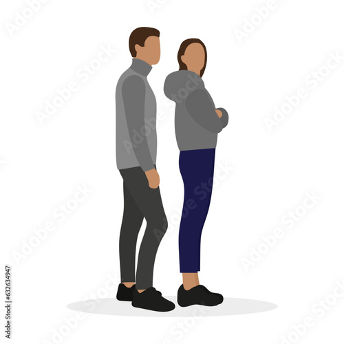 Female character with arms crossed on chest and male character together on white background