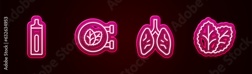 Set line Electronic cigarette, Tobacco leaf shop, Lungs and . Glowing neon icon. Vector