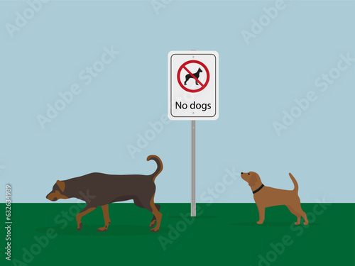 Two dogs are walking on the grass next to a "No dogs" sign