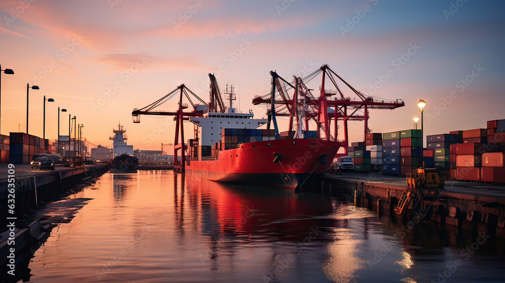 navire de commerce porte-containers dans le port au coucher du soleil
