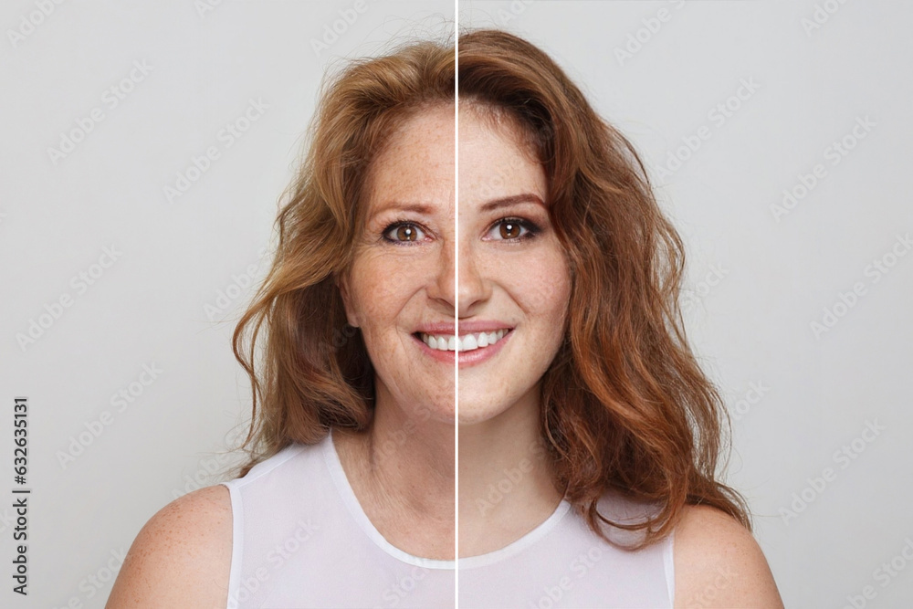 Young and old female beauty, studio portrait of redhead woman before and after retouch Young and old female beauty, studio portrait of redhead woman before and after retouch