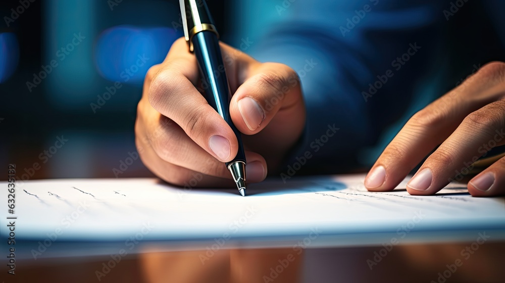 macro shot of a hand holding a pen, ready to sign a contract generative ...