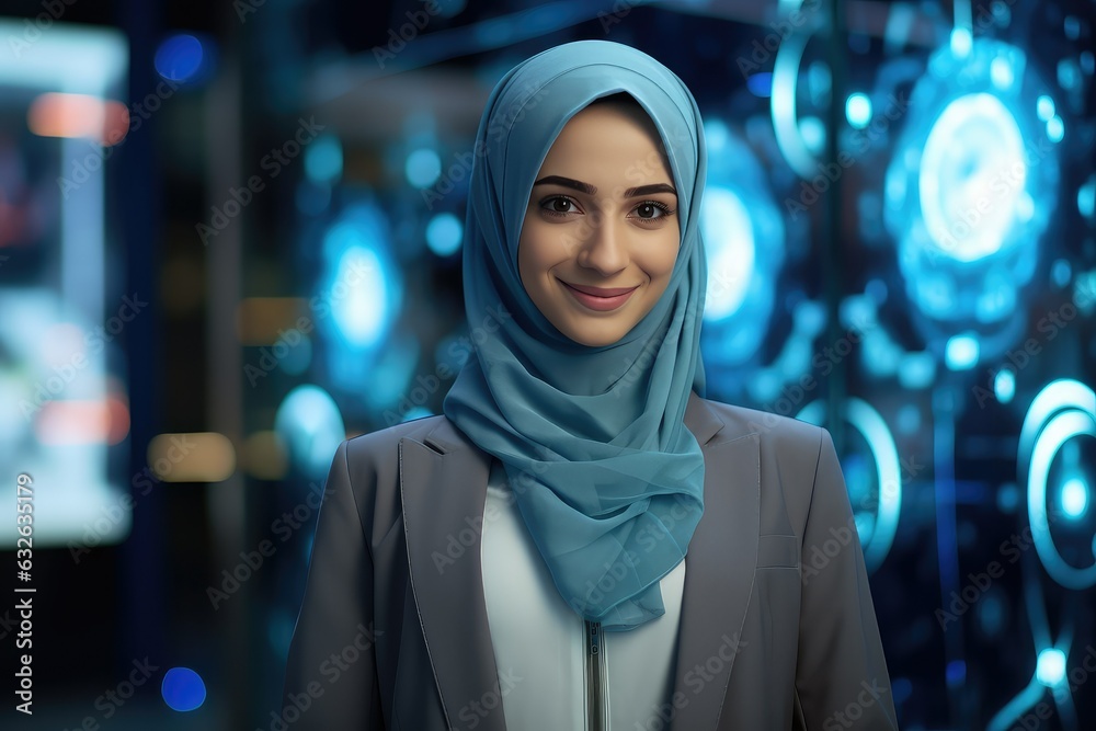 Muslim Hijabi Cybersecurity expert smiling at the camera, Futuristic Cybersecurity office background, Minority representation in business jobs, Feminism Women in STEM