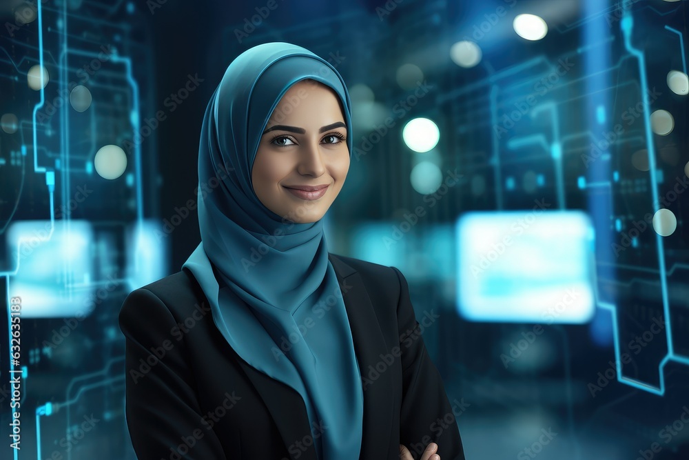 Muslim Hijabi Cybersecurity expert smiling at the camera, Futuristic Cybersecurity office background, Minority representation in business jobs, Feminism Women in STEM Muslim Hijabi Cybersecurity expert smiling at the camera, Futuristic Cybersecurity office background, Minority representation in business jobs, Feminism Women in STEM