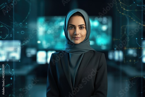 Muslim Hijabi Cybersecurity expert smiling at the camera  Futuristic Cybersecurity office background  Minority representation in business jobs  Feminism Women in STEM