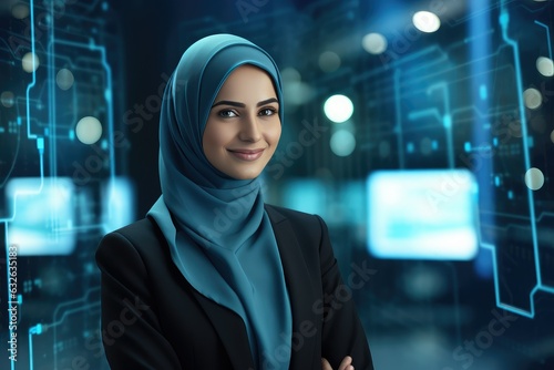 Muslim Hijabi Cybersecurity expert smiling at the camera, Futuristic Cybersecurity office background, Minority representation in business jobs, Feminism Women in STEM