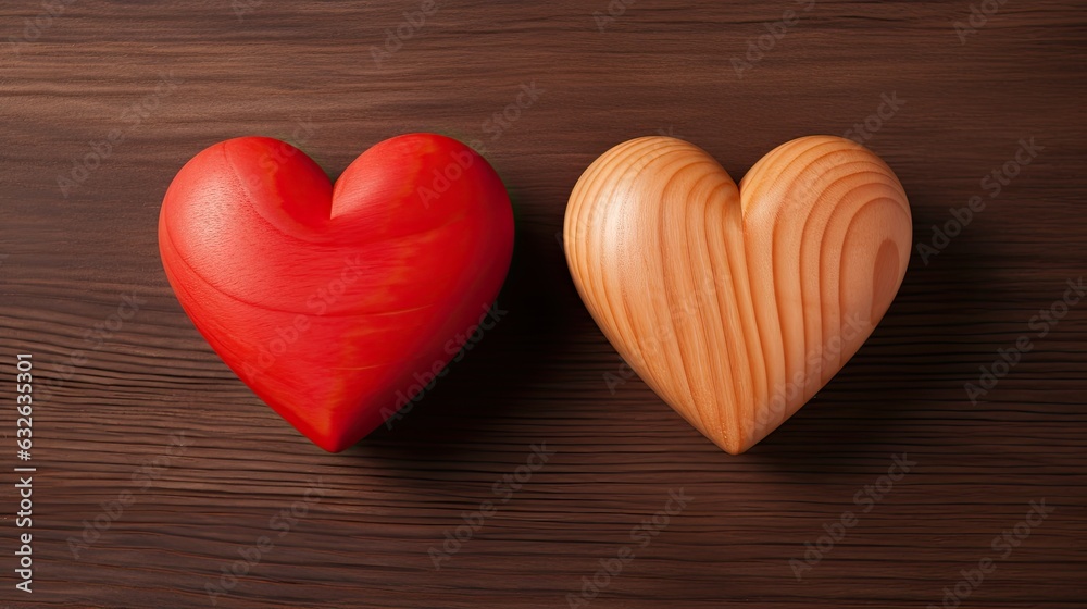 Heart-shaped object positioned on a wooden table surface. Generative AI Heart-shaped object positioned on a wooden table surface. Generative AI