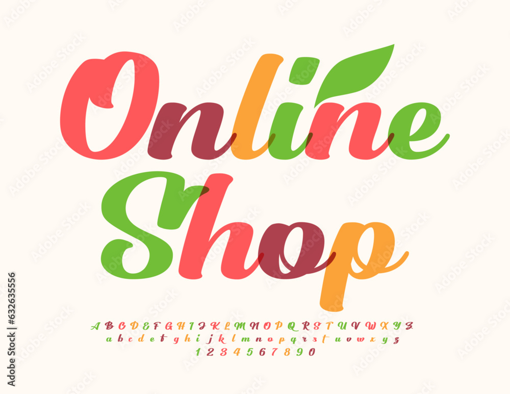 Fototapeta premium Vector colorful template Online Shop. Bright calligraphic Font. Beautiful Alphabet Letters and Numbers set