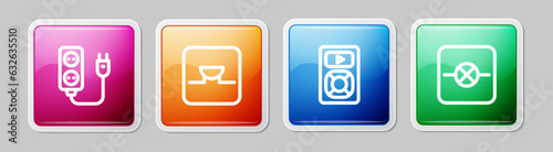 Set line Electric extension, Buzzer in electronic circuit, Music player and Lamp. Colorful square button. Vector