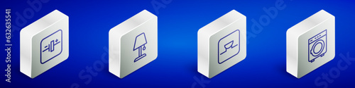 Set Isometric line DC voltage source, Table lamp, Buzzer in electronic circuit and Washer icon. Vector