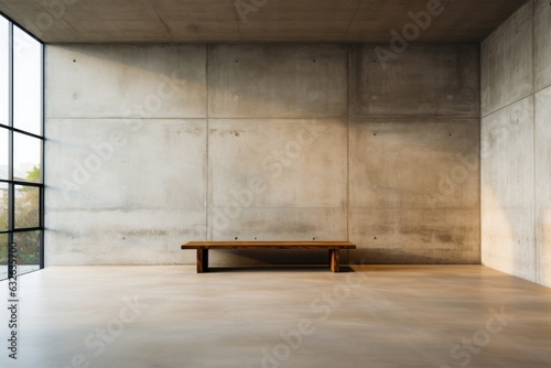 Empty room interior with concrete walls, grey floor with light and soft skylight from window. Background with copy space. Ai Generative. © Natee Meepian