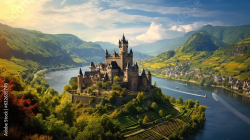 medieval town castles perched on hills overlooking mosel river valley vineyards, cochem germany storybook fairytale charm generative AI photo