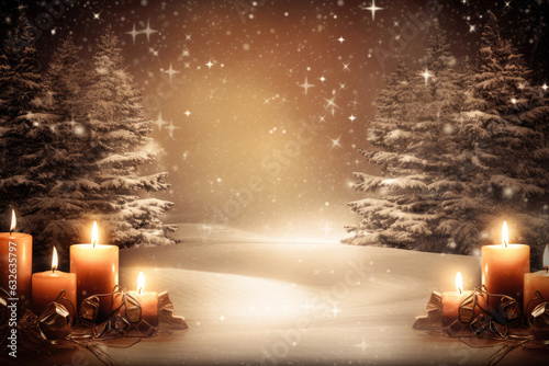 Christmas card, christmas background with candles and trees