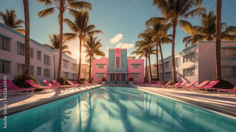 miami palm trees and art deco hotels on beach generative AI - obrazy, fototapety, plakaty 