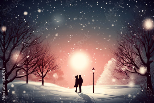 Christmas card with a love couple in winter