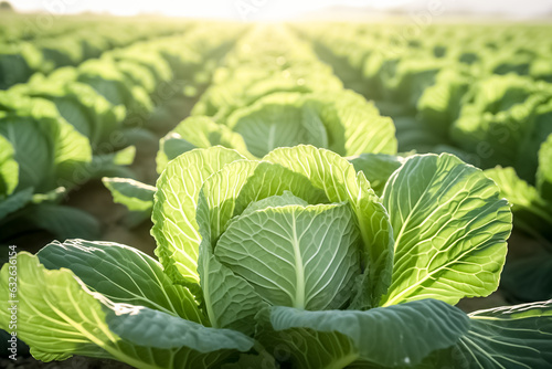 Rows of ripe cabbage plant. Cabbage field. The concept of planting and harvesting a rich harvest.