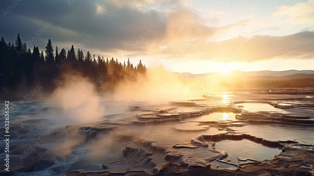Φωτογραφία misty serene morning sunrise yellowstone national park geothermal pools hot spri